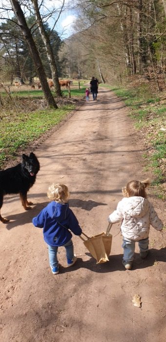 Zwei Kinder tragen zusammen eine Tasche den Feldweg entlang, daneben Hund Espin.